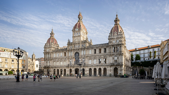 The historic Town Hall of La Coruna in Maria Pita Sqaure in A Coruna, Galicia, Spain on 22 August 2023