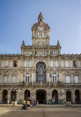 The historic Town Hall of La Coruna in Maria Pita Sqaure in La Coruna, Galicia, Spain on 22 August 2023