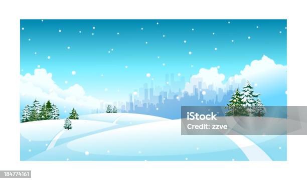 City Skyline De Paisagem De Neve - Arte vetorial de stock e mais imagens de A nevar - A nevar, Abeto, Ao Ar Livre