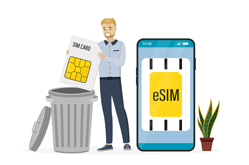Smart user throws standard simcard out into trash can. Esim, smartphone with embedded sim card, modern technology. Electronic digital card microchip, new mobile communication technology. flat vector