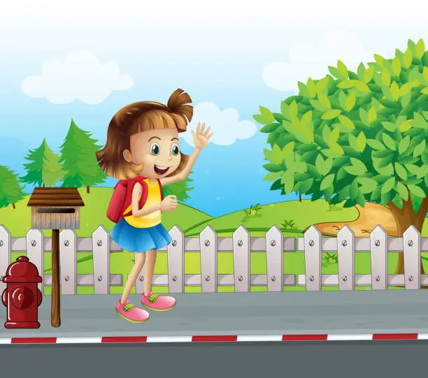 Vector illustration of cute little girl at the street beside mailbox