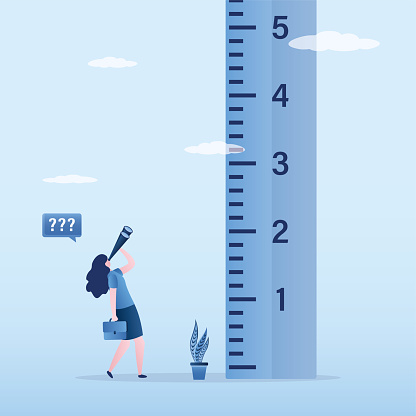Newbie dreams of business career growth. Businesswoman uses binoculars looking for peak of growth. Career start. Looks up at large ruler in sky. Career ladder concept, flat vector illustration