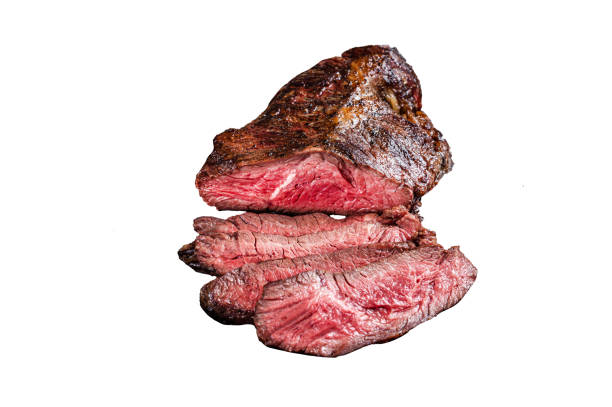 istock Grilled hanger or Onglet beef meat steak on a plate with thyme. Isolated, white background. 1847760849