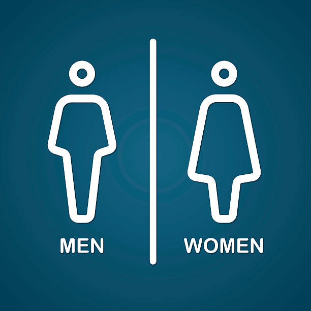 Dark blue and white men's and women's restroom signs Restroom male and female sign vector illustration bathroom silhouettes stock illustrations