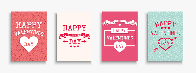 Collection of vector beautiful Happy Valentine`s Day posters - vintage hand drawn design. Creative cute holiday backgrounds with lettering and decorative elements. Greeting postcards, banners, cards.