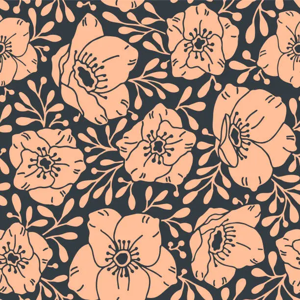 Vector illustration of Hellebore Flowers Vector Seamless Pattern in Peach Fuzz Color. Winter Christmas Rose. Lenten rose. Helleborus niger.