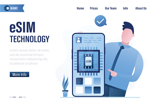 ESIM, landing page template. Smart man user activate esim on mobile phone. Embedded sim card on smartphone screen. Cell phone without classical sim card, digital technology. Flat vector illustration