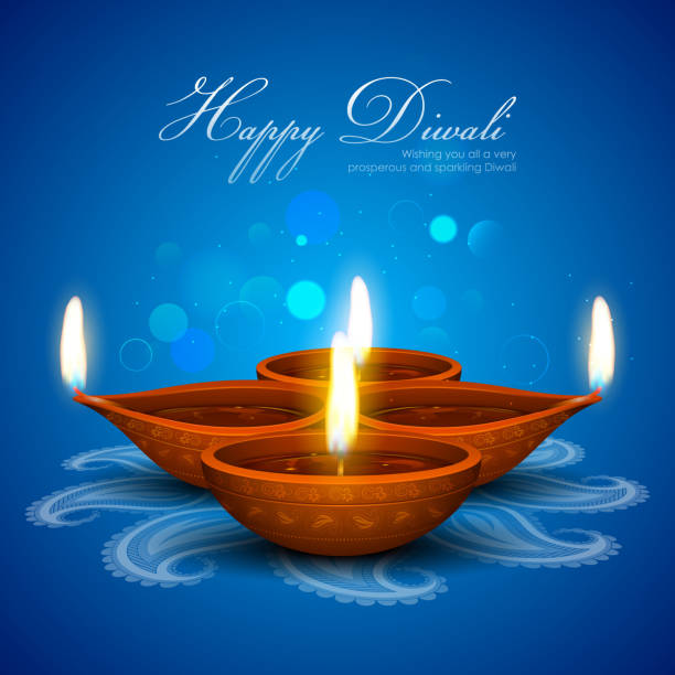 Blue Happy Diwali card containing 4 candles illustration of burning diya on Diwali Holiday background dharma stock illustrations