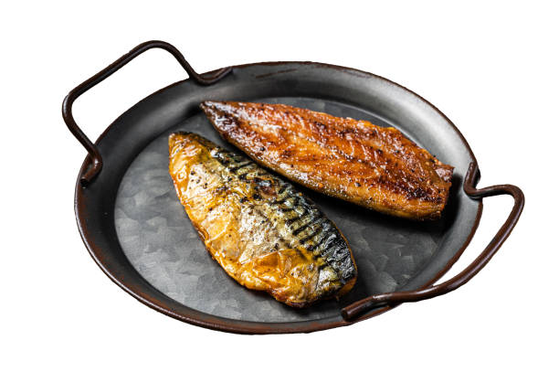 istock Baked Grilled mackerel fillets.  Isolated, white background. 1847793802