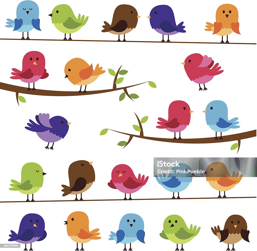Vector Set of Colorful Cartoon Birds Vector Set of Colorful Cartoon Birds. Large JPG included. No transparency or gradients used. Each bird and branch is individually grouped for easy editing. Bird stock vector
