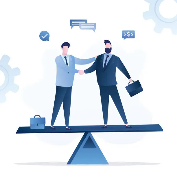 Vector illustration of Businessmen handshake after difficulty and successful negotiation, seesaw in balance. Negotiation, agreement or partnership deal for both benefit