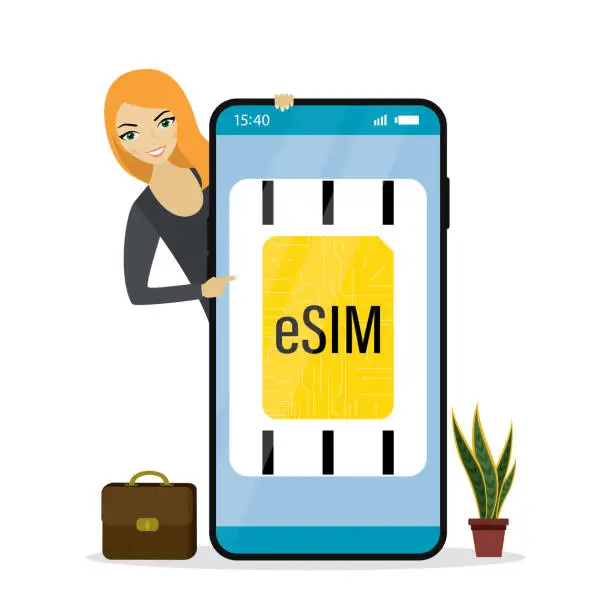 Vector illustration of Esim, concept. Smart woman user or seller activate esim on mobile phone. Embedded sim card on smartphone screen. Cell phone without classical sim card, digital technology.