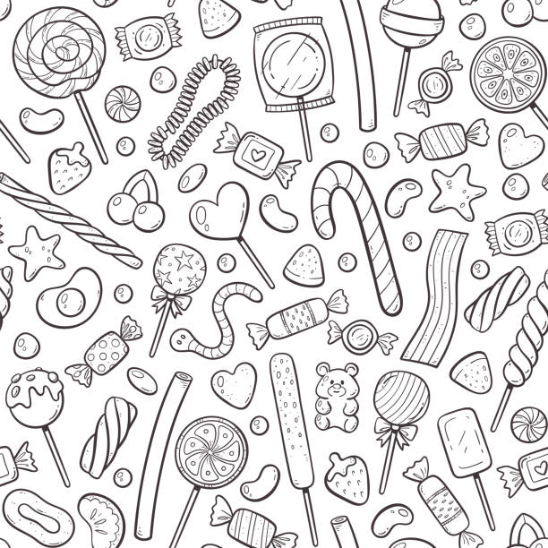 Hand-drawn Sweets Seamless Pattern Sweets seamless pattern. Candies, lollipops and gummies isolated on white background. Doodle sweets elements. Hand-drawn vector Illustration. candy stock illustrations