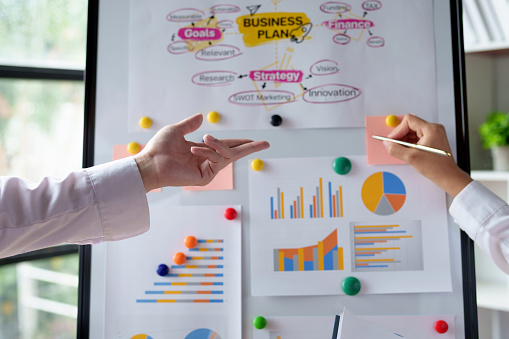 Group of Business people meeting creative planning and development strategy using graphs, charts, presented at company sales strategy marketing meeting.