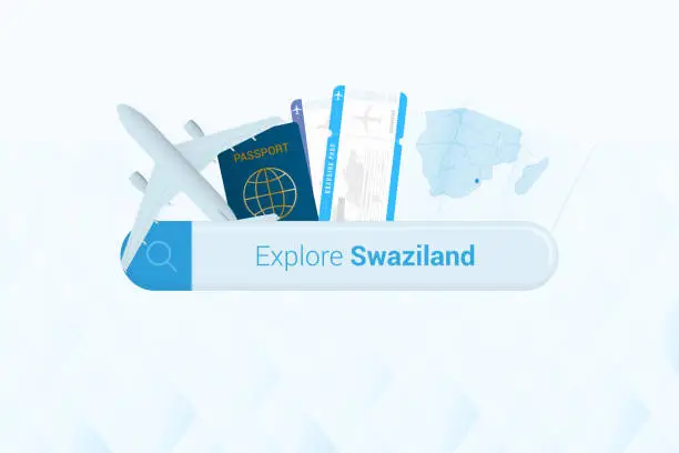 Vector illustration of Searching tickets to Swaziland or travel destination in Swaziland. Searching bar with airplane, passport, boarding pass, tickets and map.