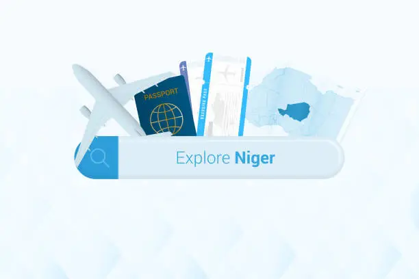 Vector illustration of Searching tickets to Niger or travel destination in Niger. Searching bar with airplane, passport, boarding pass, tickets and map.