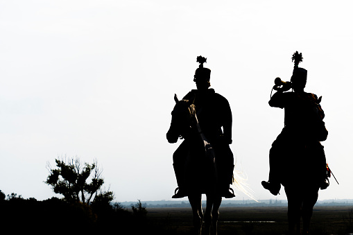 silhouette, two, hussars, horseback, dusk, hungarian