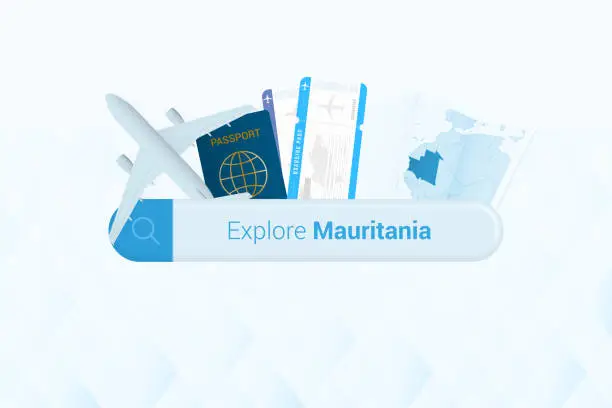 Vector illustration of Searching tickets to Mauritania or travel destination in Mauritania. Searching bar with airplane, passport, boarding pass, tickets and map.