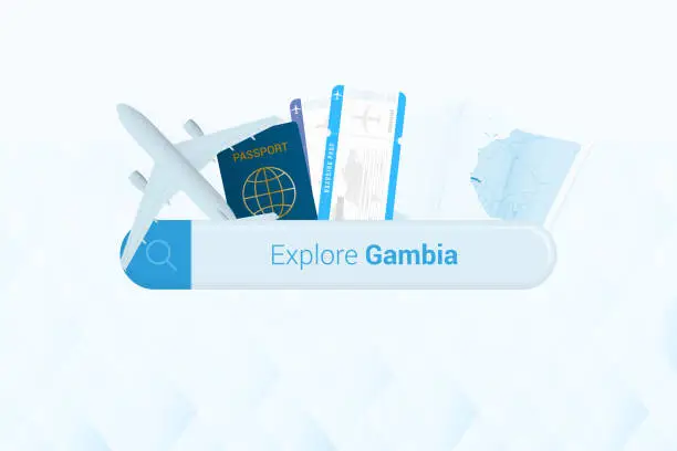 Vector illustration of Searching tickets to Gambia or travel destination in Gambia. Searching bar with airplane, passport, boarding pass, tickets and map.