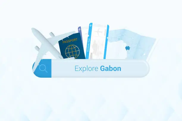 Vector illustration of Searching tickets to Gabon or travel destination in Gabon. Searching bar with airplane, passport, boarding pass, tickets and map.