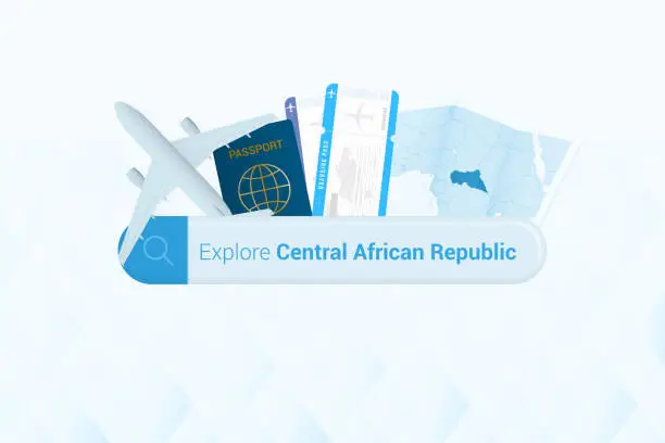 Vector illustration of Searching tickets to Central African Republic or travel destination in Central African Republic. Searching bar with airplane, passport, boarding pass, tickets and map.