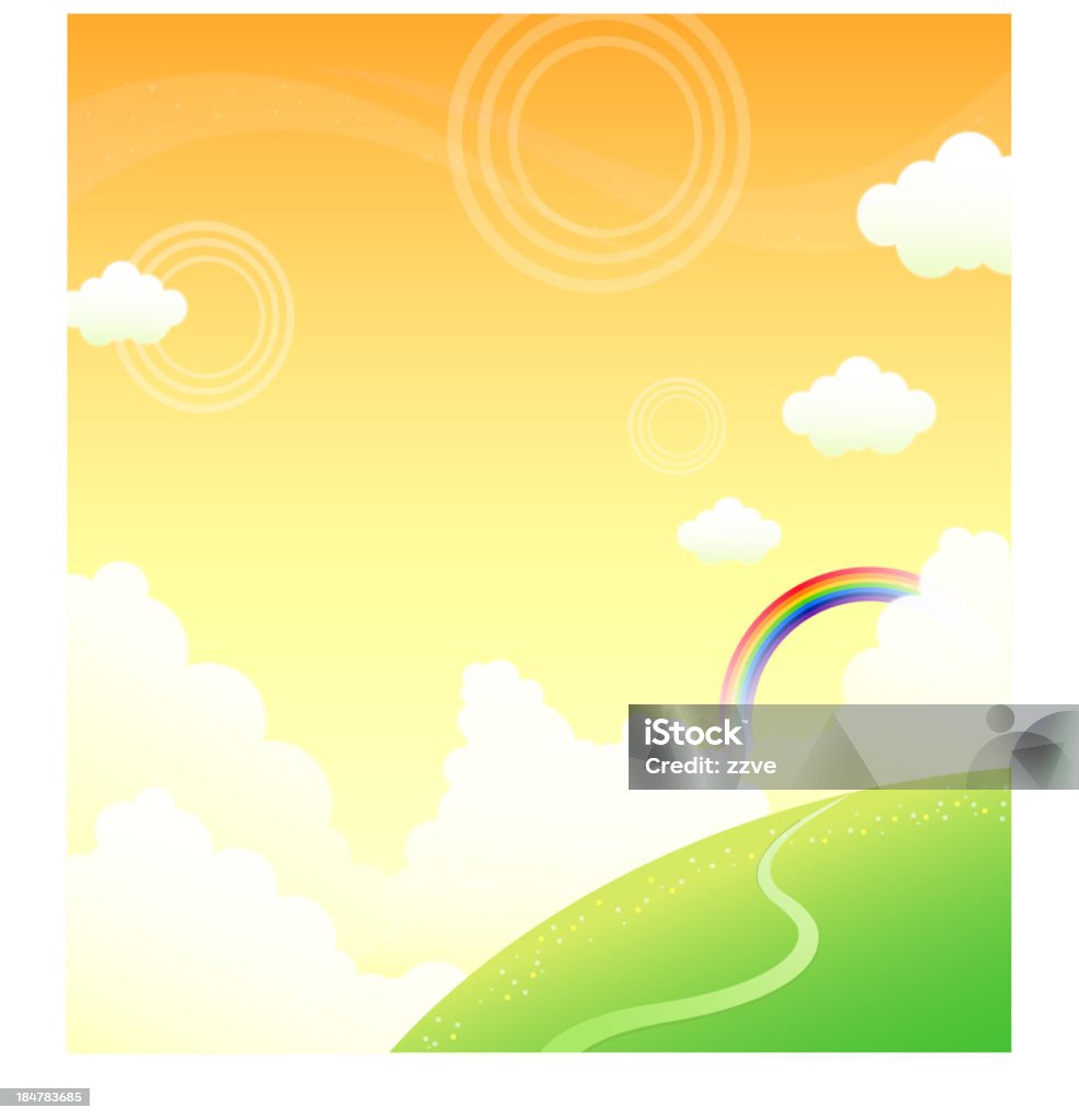 Green mountain and rainbow in sky Backgrounds stock vector