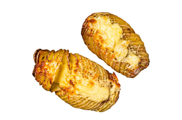 istock Baked hasselback potatoes with cheese, garlic, thyme and rosemary. Isolated, white background. 1847841989
