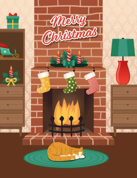 Vector illustration of Room With Fireplace Decorated For Christmas