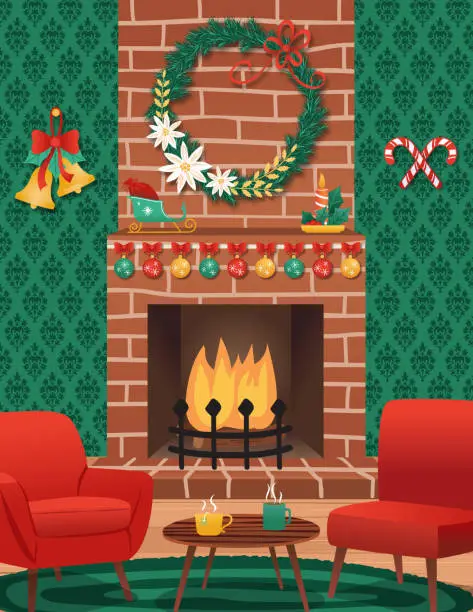 Vector illustration of Room With Fireplace Decorated For Christmas