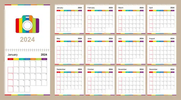 Vector illustration of Colorful wall calendar for 2024 on beige background, week starts on Sunday.