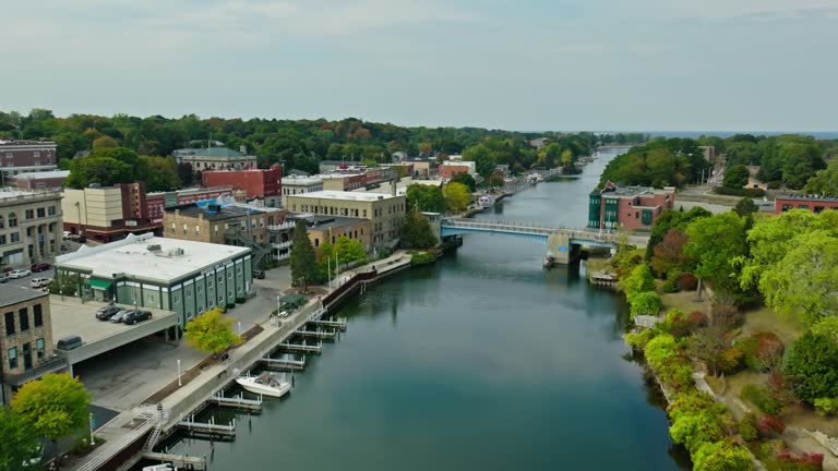 Drone Shot Flying Over Canal in Manistee, Michigan