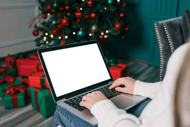 istock Young woman work on laptop computer with blank display screen with mockup copy space. Modern home living room interior design. Christmas, New Year decorated workspace 1847858778