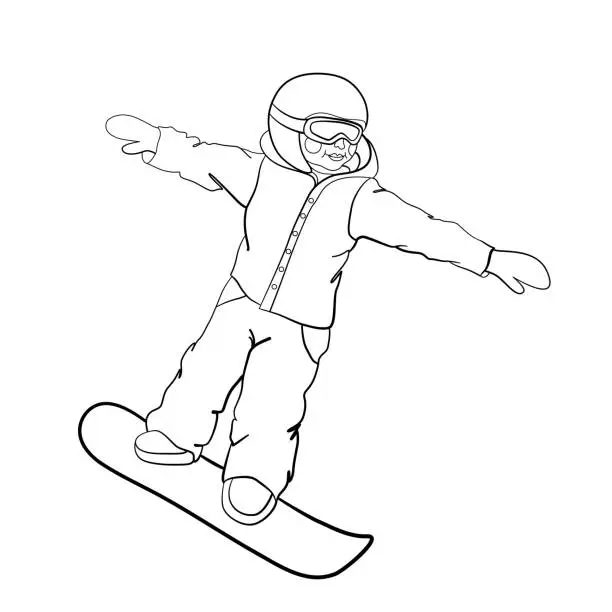 Vector illustration of Coloring. Coloring page of a happy boy riding a snowboard.