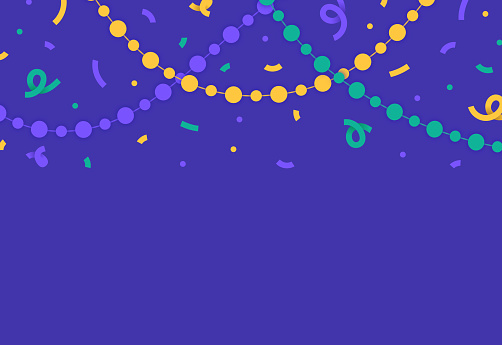 Mardi Gras carnival celebration party beads confetti abstract background.