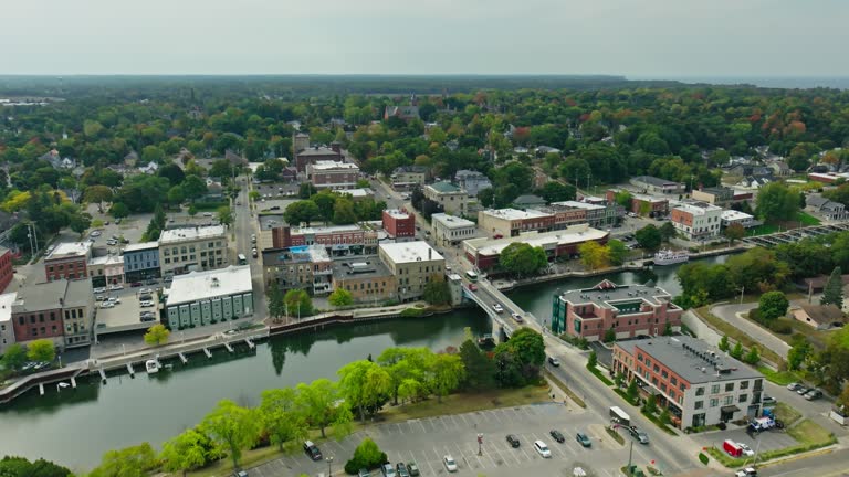 Retreating Aerial Shot of Manistee, Michigan in Fall