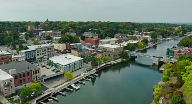 Static Aerial Shot of Manistee, Michigan in Fall