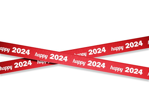 Happy 2024 written red ribbons on white background. Horizontal composition.