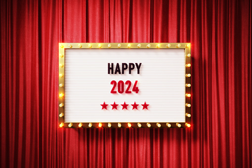Happy 2024 written retro billboard with glowing light bulbs on red curtain background with shadow. Horizontal composition. 3D rendering.