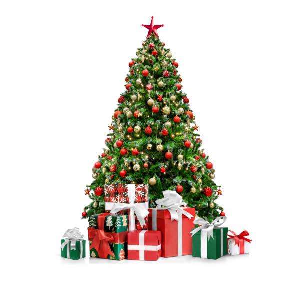 istock Decorated Christmas tree with presents isolated on white 1847880434