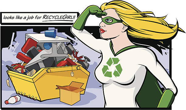 ilustrações, clipart, desenhos animados e ícones de recyclegirl - recycling green environment superhero