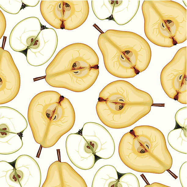 ilustraciones, imágenes clip art, dibujos animados e iconos de stock de mitades patrón sin costuras de frutas - portion apple food pattern