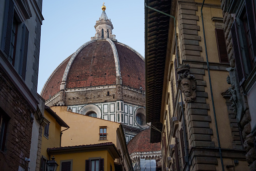 Old bell tower of Santa Marta Church in historic Naples, Italy