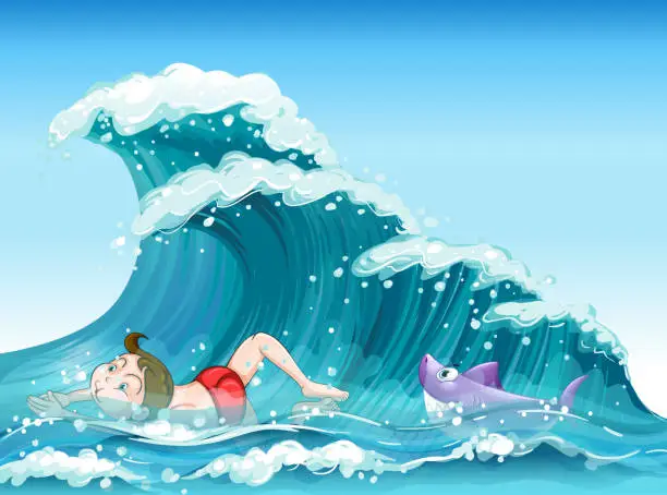 Vector illustration of boy swimming with a shark at the back
