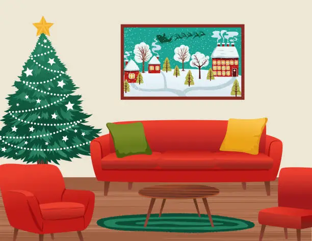 Vector illustration of Room With A Decorated Christmas Tree