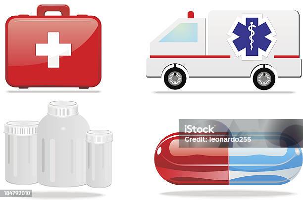 Ilustración de Iconos Médicos Píldora Ambulans De Primeros Auxilios y más Vectores Libres de Derechos de Accidentes y desastres