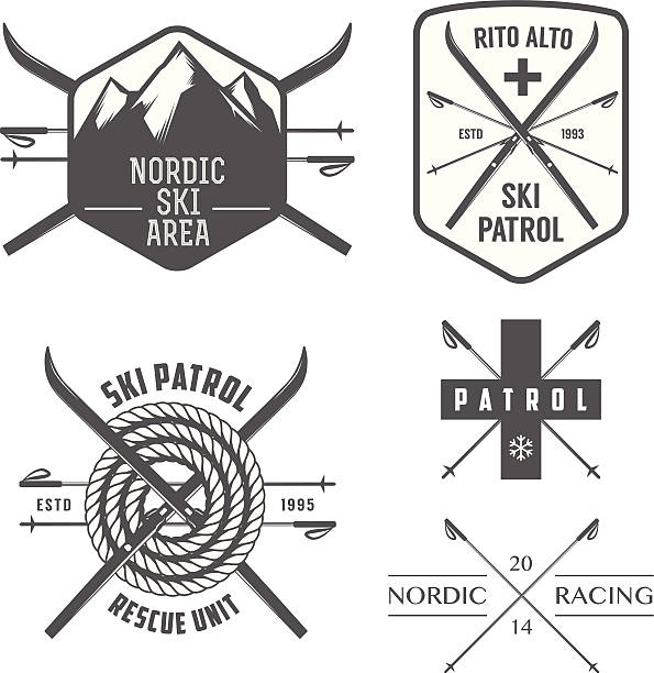 illustrazioni stock, clip art, cartoni animati e icone di tendenza di set di sci nordico e cross country etichette - sciatore velocità