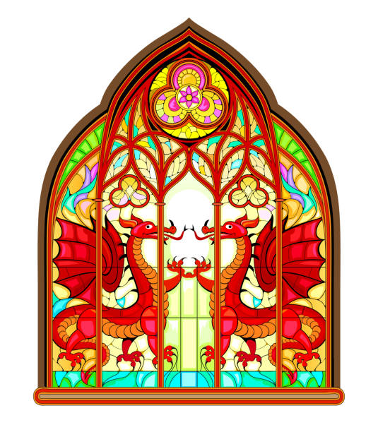 아름 다운 화려한 중세 스테인드 글라스 창입니다. 뾰족한 아치가 있는 고딕 건축 양식. 고대 전설의 붉은 용의 그림. 프랑스 교회 건축. 서유럽의 중세. - stained glass church window glass stock illustrations