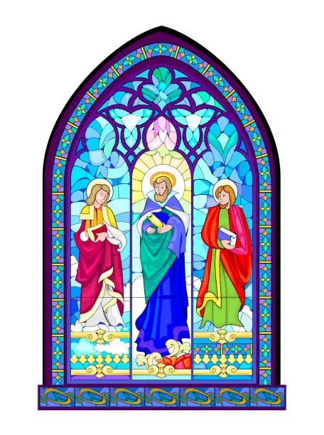 Vector illustration of Beautiful colorful medieval stained glass window. Gothic architectural style. Christian decoration with holy Apostles. Architecture in France churches. Middle ages in Western Europe. Vector drawing.