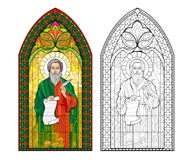 Vector illustration of Colorful and black and white illustration of Gothic stained glass window with John the Apostle. Coloring book for children and adults. Medieval architectural style in Western Europe. Vector image.