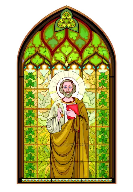 Vector illustration of Beautiful colorful medieval stained glass window with holy Apostle Saint Patrick. Gothic architectural style. Christian decoration. Middle ages architecture in Western Europe churches. Vector drawing
